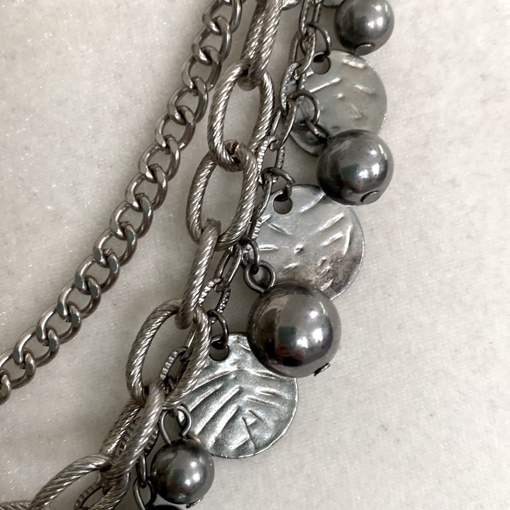 Silver Rocker Rebel Edgy Layered Bead Discs Coins Textured Chain Necklace - Picture 14 of 15